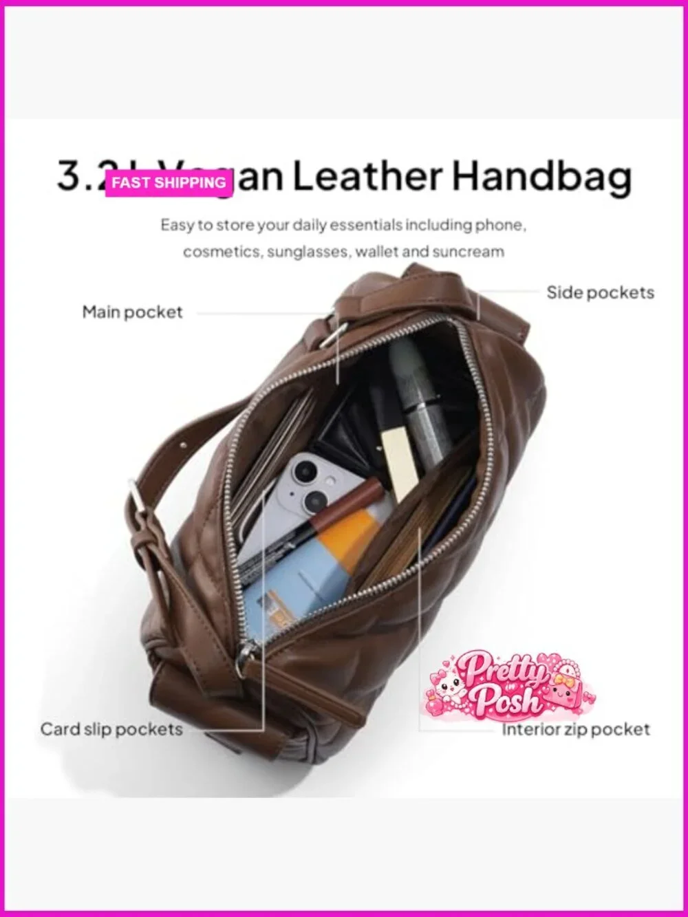 Vegan Leather Crossbody Bag Quilted Hobo Purse Adjustable Strap